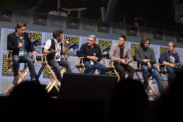 Richard Speight, Jr., Rob Benedict, Bob Singer, Jensen Ackles and Andrew Dabb speaking at the 2017 San Diego Comic Con International, for "Supernatural", at the
