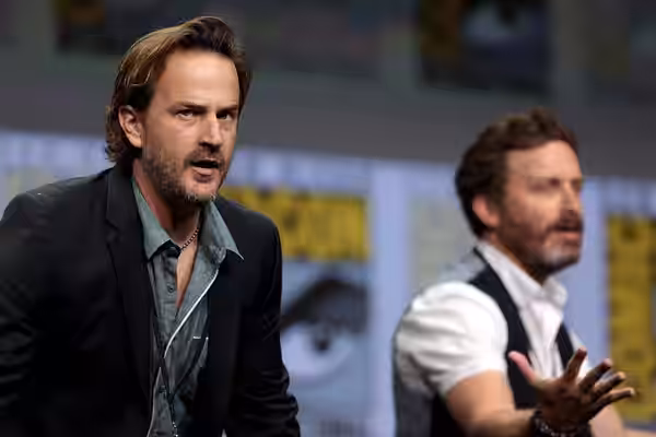 Richard Speight, Jr. and Rob Benedict speaking at the 2017 San Diego Comic Con International, for "Supernatural", at the San Diego Convention Center in San Dieg