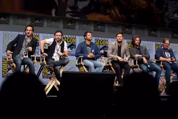 Richard Speight, Jr., Rob Benedict, Misha Collins, Jensen Ackles, Jared Padalecki and Andrew Dabb speaking at the 2017 San Diego Comic Con International, for "S