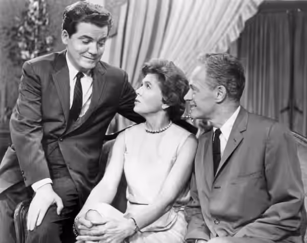 Cast photo from the television daytime drama Young Doctor Malone. From left-John Connell, Augusta Dabney, William Prince. (1962)
