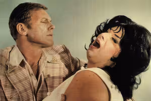 American postcard by American Postcard Company, no. 3896, 1998. Photo: New Line Cinema. Publicity still for Polyester (John Waters, 1981). Caption: Tab Hunter a