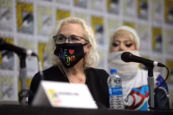Elizabeth Dennehy speaking at the 2021 San Diego Comic Con Special Edition, for "Lights, Camera ... Identity! Never Alone", at the San Diego Convention Center i