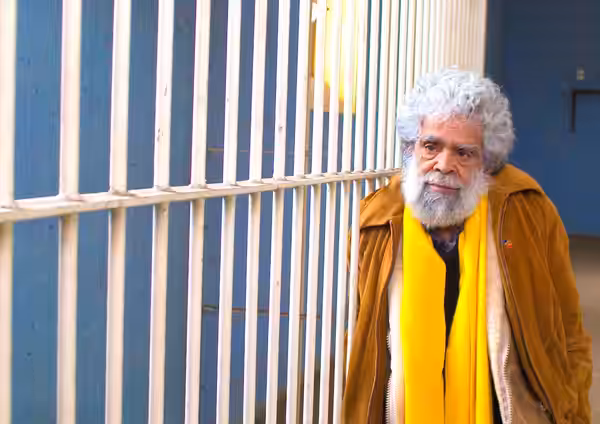 Jack Charles in B Division Hall. Pentridge. By Rupert Mann. (2017)