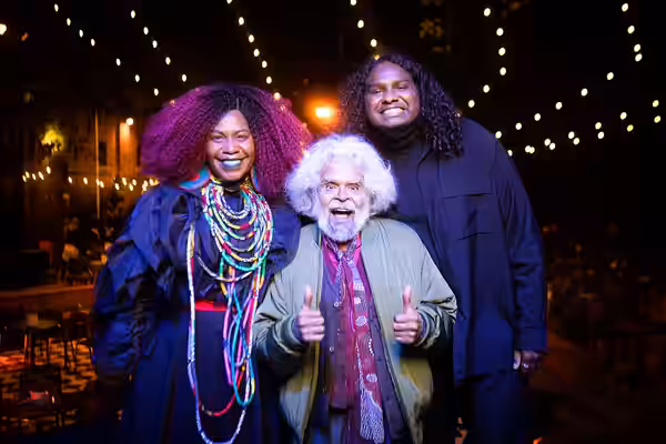 Namila Benson, Uncle Jack and Baker Boy at 'Night With Uncle Jack' event at the Malthouse Theatre, Melbourne, Nov 2021