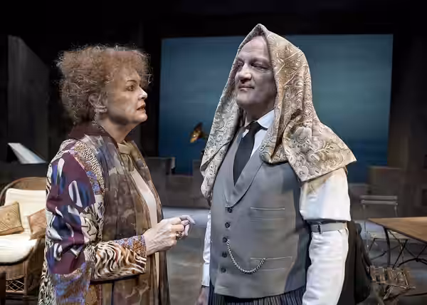 Ghita Nørby as Sarah Bernhardt and Preben Kristensen as George Pitou in the Copenhagen theater Folketeatret's production of the play "Sarah" (Original title: "M (2013)