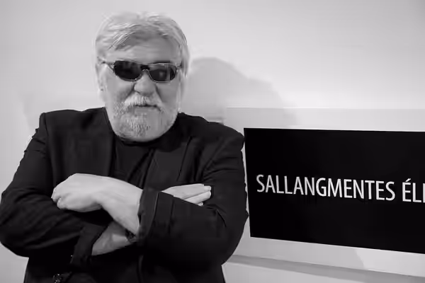 László feLugossy at an exhibition in Sárospatak (Hungary), 2010. The picture in the background is feLugossy's work: "Life no-frills" (2010)