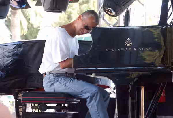 Keith Jarrett playing a Steinway &amp; Sons grand piano during the soundcheck at the Jazz à Juan festival in Juan-les-Pins, Antibes, France, on 17 July 2003. Th