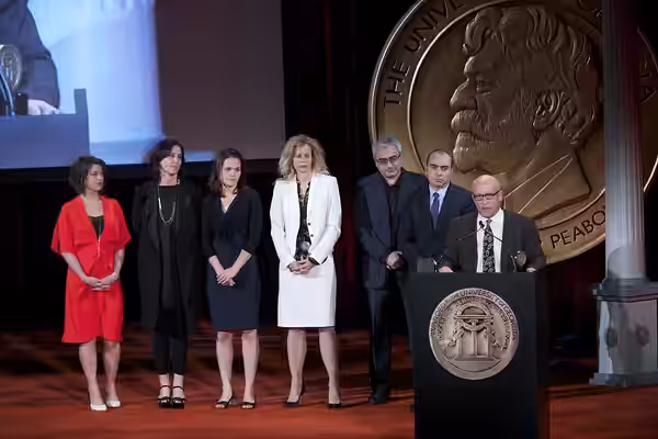 Kristen Vaurio, Sloane Klevin, Alexandra Johnes, Lori Singer, Todd Wider, Jedd Wider and Alex Gibney accept the Peabody Award for "Mea Maxima Culpa." (2014)