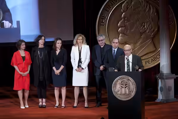 Kristen Vaurio, Sloane Klevin, Alexandra Johnes, Lori Singer, Todd Wider, Jedd Wider and Alex Gibney accept the Peabody Award for "Mea Maxima Culpa." (2014)