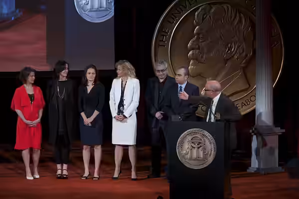 Kristen Vaurio, Sloane Klevin, Alexandra Johnes, Lori Singer, Todd Wider, Jedd Wider and Alex Gibney accept the Peabody Award for "Mea Maxima Culpa." (2014)