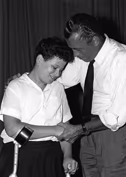 Ed Sullivan congratulates Itzhak Perlman after a concert at ZOA House in Tel Aviv. (1958)