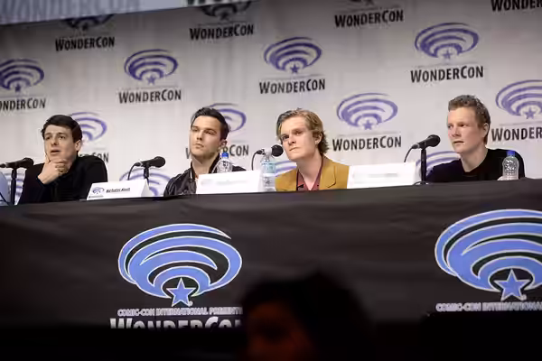 Anthony Boyle, Nicholas Hoult, Tom Glynn-Carney and Patrick Gibson speaking at the 2019 WonderCon, for "Tolkien", at the Anaheim Convention Center in Anaheim, C
