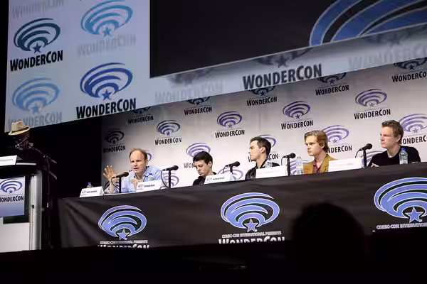Cliff Broadway, Dome Karukoski, Anthony Boyle, Nicholas Hoult, Tom Glynn-Carney and Patrick Gibson speaking at the 2019 WonderCon, for "Tolkien", at the Anaheim