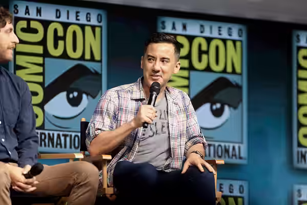 Michael Dougherty speaking at the 2018 San Diego Comic Con International, for "Godzilla: King of the Monsters", at the San Diego Convention Center in San Diego,