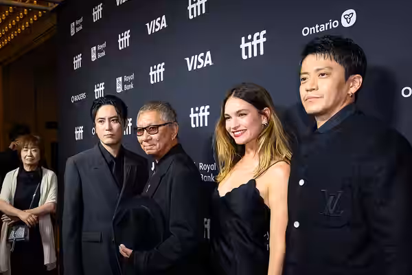 From left to right: Shotaro Mamiya, Takashi Miike, Lily James, Shun Oguri. At the screening of Bad Lieutenant: Tokyo at the 2026 Toronto International Film Fest