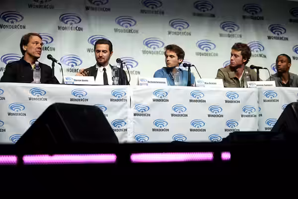 Steven Quale, Richard Armitage, Max Deacon, Jeremy Sumpter and Arlen Escarpeta speaking at the 2014 WonderCon, for "Into the Storm", at the Anaheim Convention C