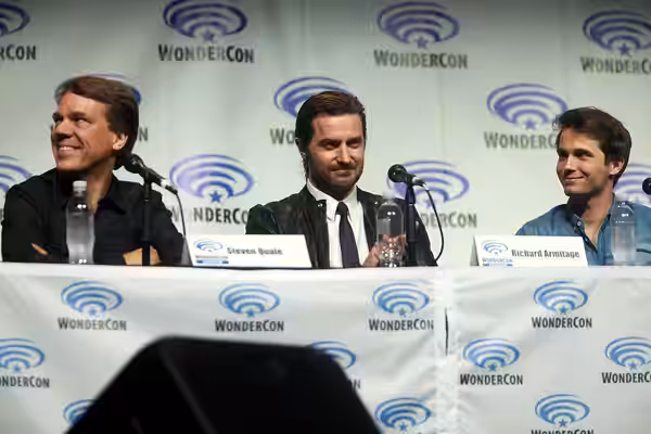 Steven Quale, Richard Armitage and Max Deacon speaking at the 2014 WonderCon, for "Into the Storm", at the Anaheim Convention Center in Anaheim, California. Ple