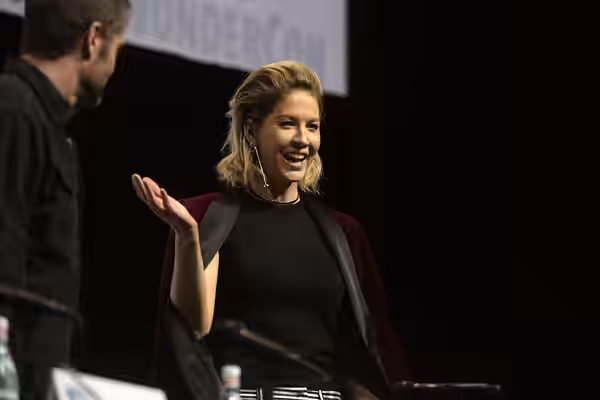 Jenna Elfman speaking at the 2018 WonderCon, for "Fear the Walking Dead", at the Anaheim Convention Center in Anaheim, California. Please attribute to Gage Skid