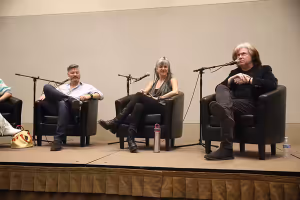 David Hayer, Jennifer Hale and Quinton Flynn speaking with attendees at the 2024 Game On Expo at the Phoenix Convention Center in Phoenix, Arizona. Please attri