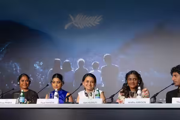 From left to right: Actresses Chhaya Kadam, Divya Prabha, director Payal Kapadia, actress Kani Kusruti, and actor Hridhu Haroon at All We Imagine As Light Press (2024)