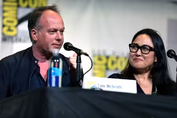 Tom McGrath and Ramsey Naito speaking at the 2016 San Diego Comic Con International, for "The Boss Baby", at the San Diego Convention Center in San Diego, Calif