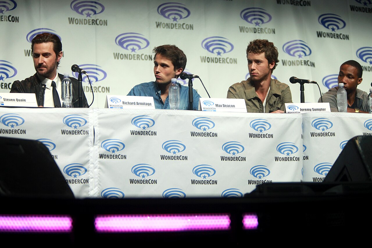 Richard Armitage, Max Deacon, Jeremy Sumpter and Arlen Escarpeta speaking at the 2014 WonderCon, for "Into the Storm", at the Anaheim Convention Center in Anahe
