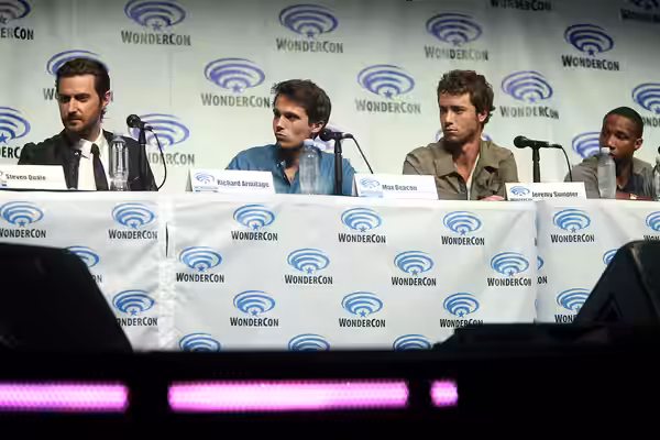 Richard Armitage, Max Deacon, Jeremy Sumpter and Arlen Escarpeta speaking at the 2014 WonderCon, for "Into the Storm", at the Anaheim Convention Center in Anahe