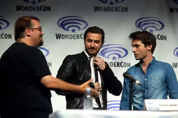 Drew McWeeny, Richard Armitage and Max Deacon speaking at the 2014 WonderCon, for "Into the Storm", at the Anaheim Convention Center in Anaheim, California. Ple