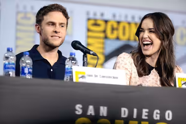 Iain De Caestecker and Elizabeth Henstridge speaking at the 2019 San Diego Comic Con International, for "Marvel's Agents of S.H.I.E.L.D.", at the San Diego Conv