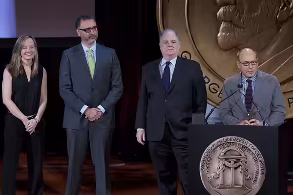 Liz Stanton, Miky Wolf, Frank Rich, and James Lapine accept the award for "Six by Sondheim" (2014)