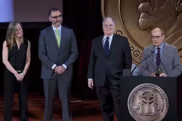 Liz Stanton, Miky Wolf, Frank Rich, and James Lapine accept the award for "Six by Sondheim" (2014)