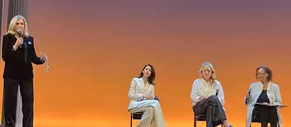 Carol Jenkins, Heidi Schreck, Carolyn Maloney and Huma Abedin speak at ERA night after a performance of the musical Suffs on April 25, 2024