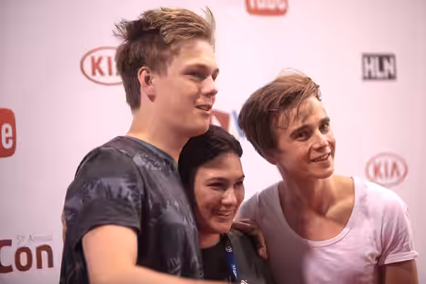Caspar Lee and Joe Sugg speaking at the 2014 VidCon at the Anaheim Convention Center in Anaheim, California. Please attribute to Gage Skidmore if used elsewhere