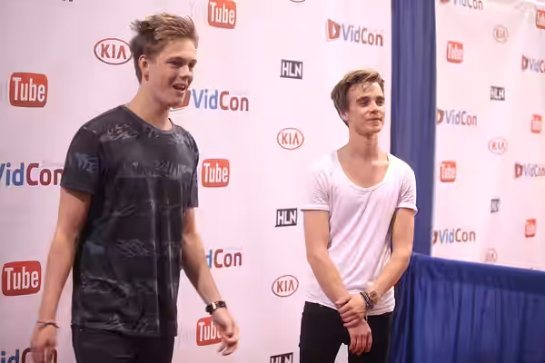 Caspar Lee and Joe Sugg speaking at the 2014 VidCon at the Anaheim Convention Center in Anaheim, California. Please attribute to Gage Skidmore if used elsewhere
