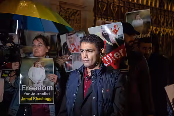 Saudi Arabian activist Ghanem al-Dosari at a protest outside the Natural History Museum in London after the disappearance of Jamal Kashoggi. The Saudi embassy w (2018)
