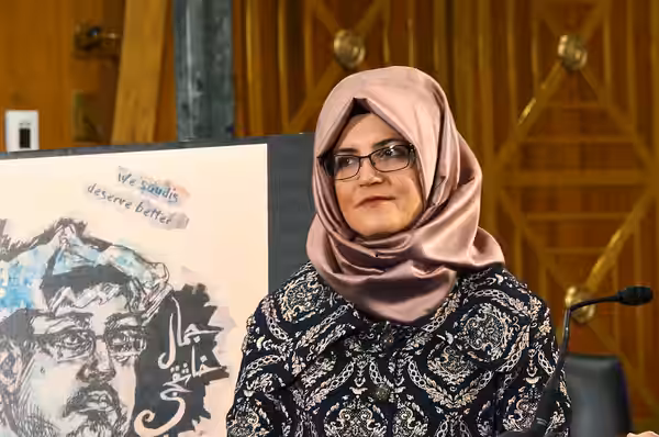 Hatice Cengiz, who was engaged to be married to Jamal Khashoggi when he was brutally murdered in October 2018, addresses the press: "Justice delayed is justice (2020)