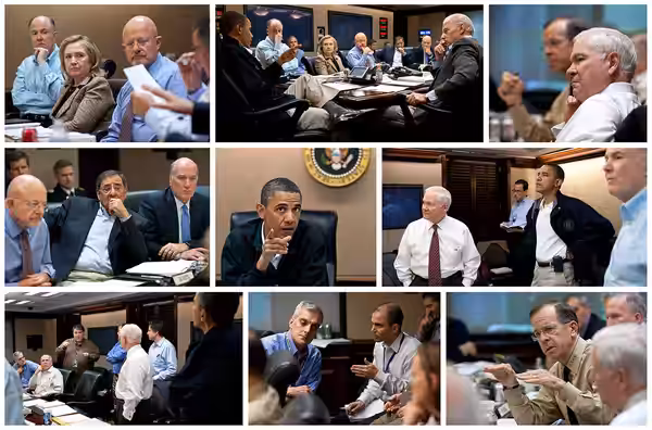 "This is a composite of several images of the President and his national security team during a series of meetings in the Situation Room of the White House disc