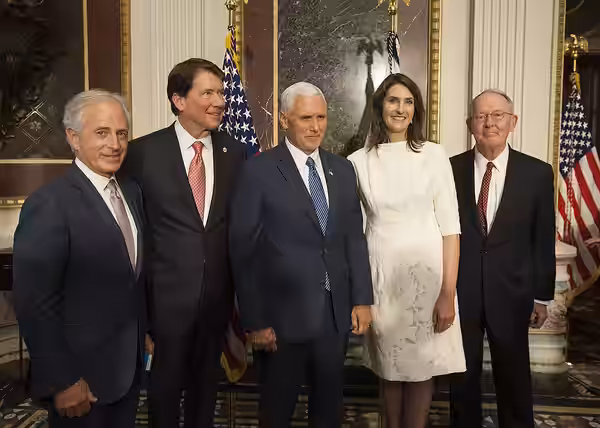 Newly sworn-in U.S. Ambassador to Japan Bill Hagerty poses for a photo with Vice President Mike Pence; his wife, Chrissy Hagerty; and U.S. Senators Bob Corker a (2017)