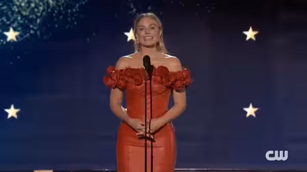 Actress, Margot Robbie, speaking at the 29th Critics Choice Awards on January 14, 2024. Image is a screen shot of Youtube video ~ 1:01.