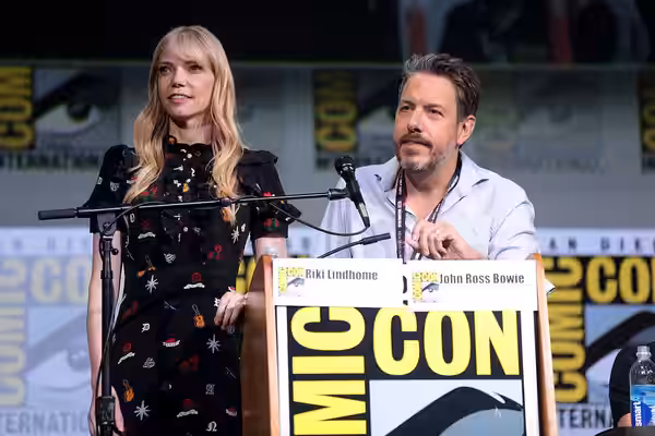 Riki Lindhome and John Ross Bowie speaking at the 2017 San Diego Comic Con International, for "The Big Bang Theory", at the San Diego Convention Center in San D