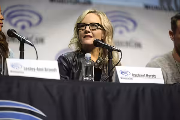 Rachael Harris speaking at the 2017 WonderCon, for "Lucifer", at the Anaheim Convention Center in Anaheim, California. Please attribute to Gage Skidmore if used