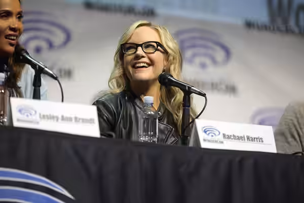 Rachael Harris speaking at the 2017 WonderCon, for "Lucifer", at the Anaheim Convention Center in Anaheim, California. Please attribute to Gage Skidmore if used