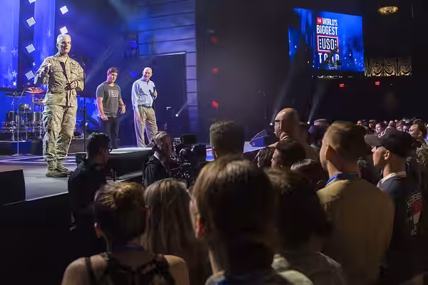 Air Force Gen. Paul J. Selva, vice chairman of the Joint Chiefs of Staff, addresses service members attending in person and around the globe through streaming v (2018)