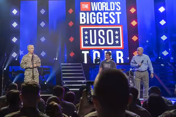 Air Force Gen. Paul J. Selva, vice chairman of the Joint Chiefs of Staff, addresses service members attending in person and around the globe through streaming v (2018)