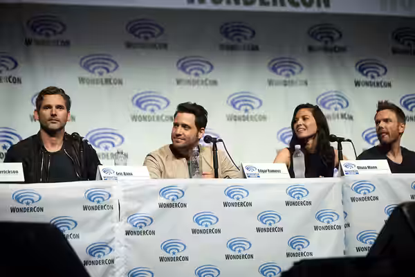 Eric Bana, Edgar Ramirez, Olivia Munn and Joel McHale speaking at the 2014 WonderCon, for "Deliver Us from Evil", at the Anaheim Convention Center in Anaheim, C
