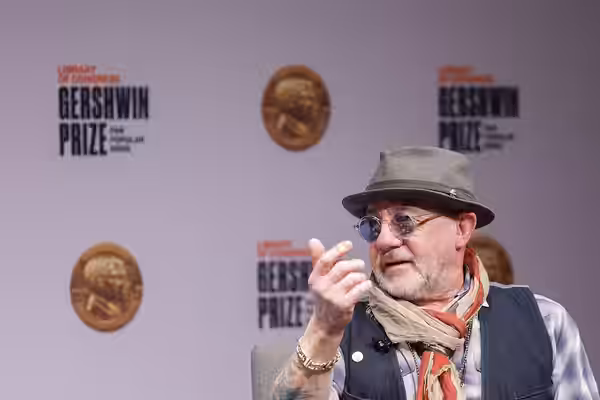 Gershwin Prize for Popular Song honoree Bernie Taupin speaks about his career with Librarian of Congress Carla Hayden during an interview at the Library, March  (2024)