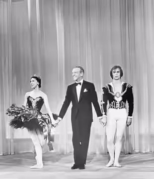 Photo of Margot Fonteyn, Fred Astaire and Rudolph Nureyev from a 1965 appearance on the US television show The Hollywood Palace.