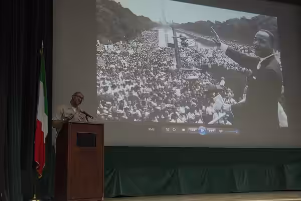 170120-N-309-037 NAVAL SUPPORT ACTIVITY NAPLES, Italy, (Jan. 20, 2017) U.S. Naval Forces Europe-Africa Fleet Master Chief Raymond D. Kemp Sr. provides remarks d