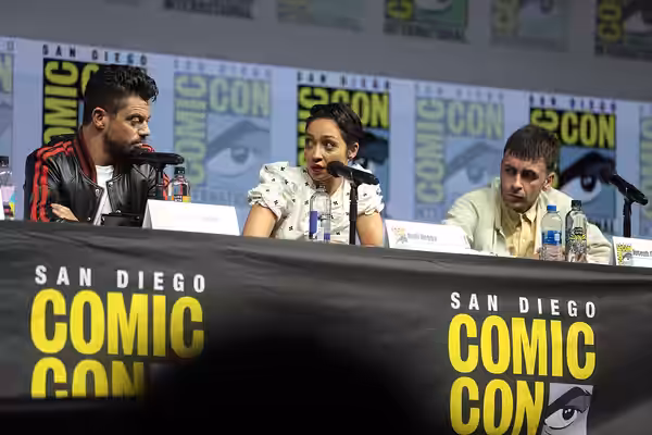 Dominic Cooper, Ruth Negga and Joe Gilgun speaking at the 2018 San Diego Comic Con International, for "Preacher", at the San Diego Convention Center in San Dieg