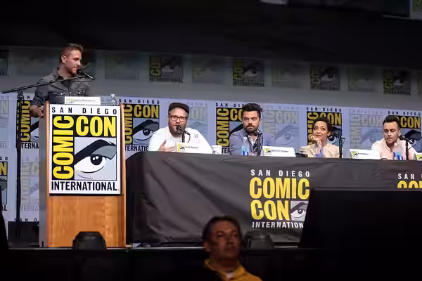 Chris Hardwick, Seth Rogen, Dominic Cooper, Ruth Negga and Joseph Gilgun speaking at the 2017 San Diego Comic Con International, for "Preacher", at the San Dieg